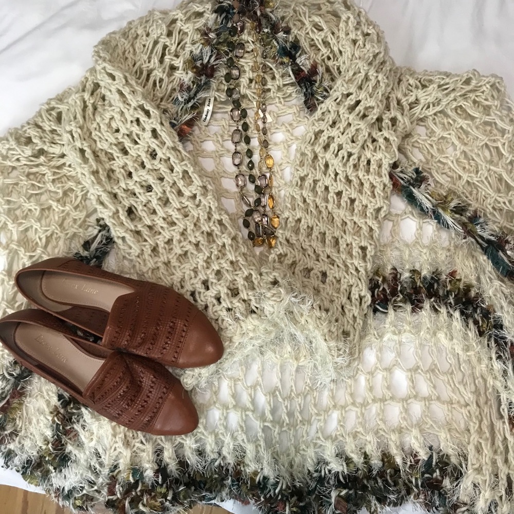 Cream & Multi Color Trim Fringed Cardigan w/ Hood